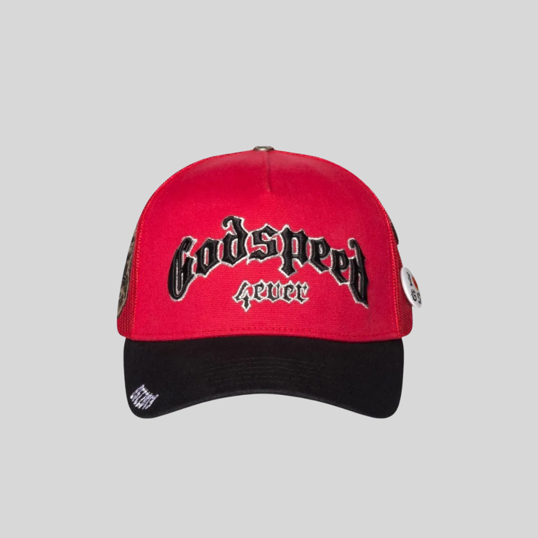 GS FOREVER TRUCKER HAT RED BLACK GODSPEED
